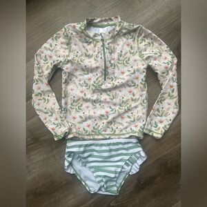 Kids Floral Long-Sleeve Rash Guard Swim Set - Green/Peach